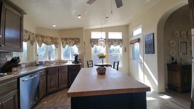 Bright kitchen with island and window wall