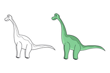 Cute green brachiosaurus long neck dinosaur vector illustration set in line art and color for kids © Crazy Monday Studio