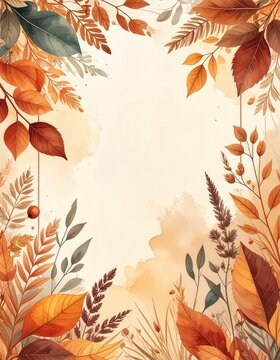 Cream autumn foliage soft frame watercolor red orange leaves rectangle border invitation card backdrop template stock illustration