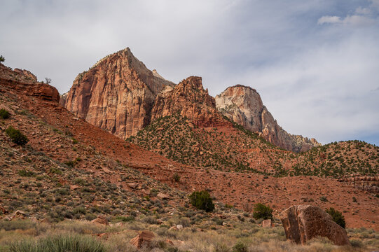 Scenic view of the mountains in Zion national park Utah. Travel and landscape copy space banner