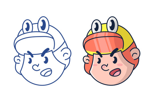 Cute boy face avatar wearing frog cap hat vector illustration set in line art and color for kids profile