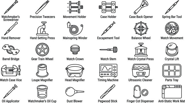 Watchmaker professional tools line icons set featuring horology repair maintenance and watch movement assembly vector