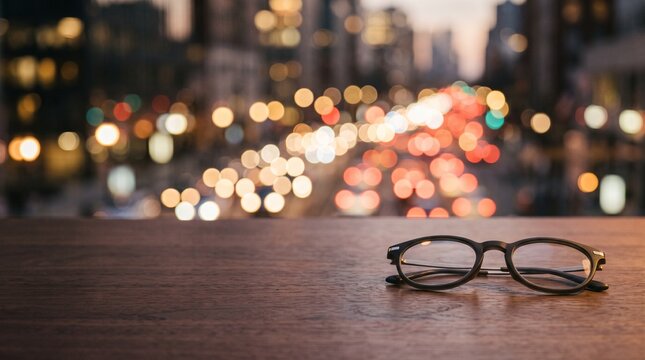 Modern smart glasses on a wooden desk with blurred evening city traffic bokeh and large copy space