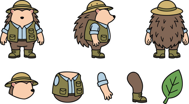 Hedgehog Character Set with Safari Hat and Vest. Customizable Mascot Design for Animation and Game