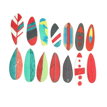 Collection of hand-painted surfboard shaped paper cutouts isolated on a transparent background
