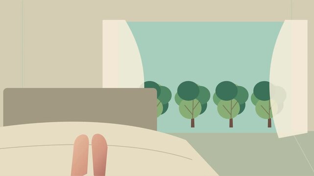 Matin calme au lit face &agrave; des rideaux blancs et une fen&ecirc;tre en pierre