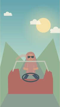 Femme en foulard et lunettes de soleil conduisant un cabriolet en &eacute;t&eacute;