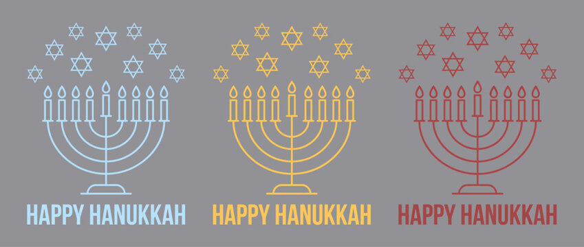 Happy hanukkah vector illustration with menorah and stars of david in light blue, yellow, and red colors
