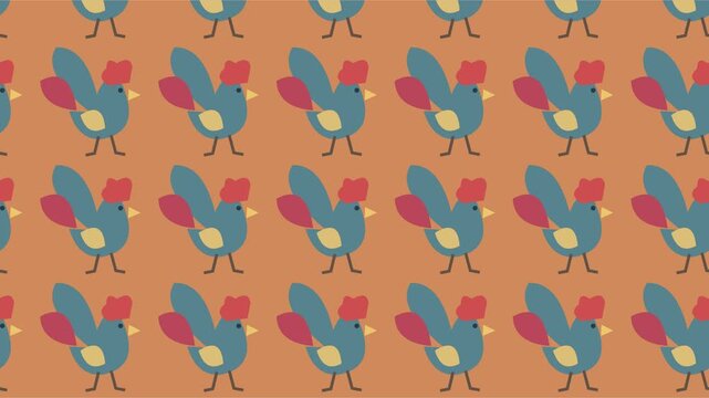 Coqs color&eacute;s dans un motif illustr&eacute; r&eacute;p&eacute;titif sur fond orange chaleureux