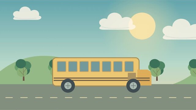 Bus scolaire jaune roulant dans une campagne ensoleill&eacute;e
