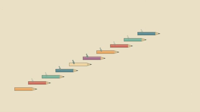 Escalier de crayons color&eacute;s avec empreintes dessin&eacute;es pour th&egrave;me &eacute;ducatif