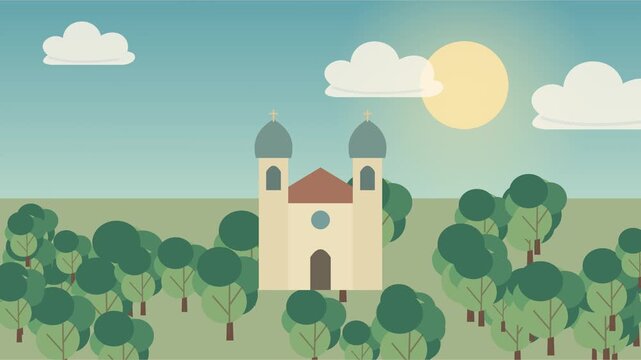 &Eacute;glise &agrave; deux tours inspir&eacute;e de Boh&ecirc;me entour&eacute;e d&rsquo;une for&ecirc;t verdoyante