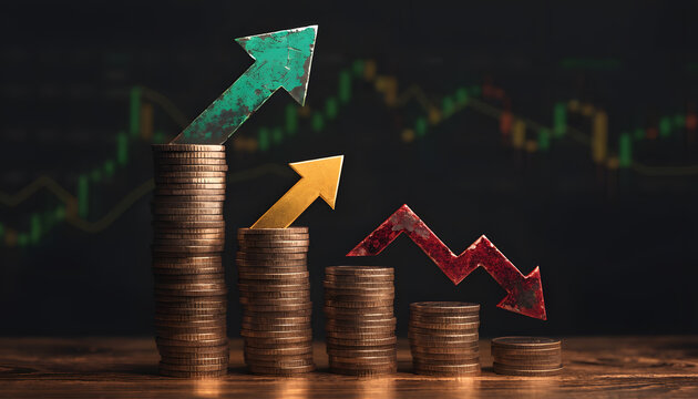 Financial market volatility and stock trends. Investment growth and inflation crisis concept. Rising and falling arrows placed on coin stacks with a trading chart