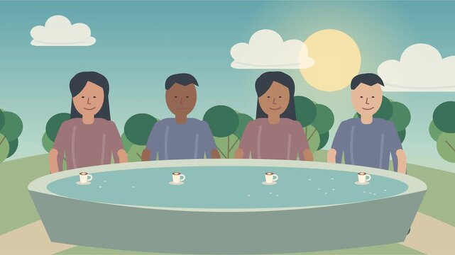Amis se relaxant avec des boissons dans un jacuzzi ext&eacute;rieur au bord de l&rsquo;eau