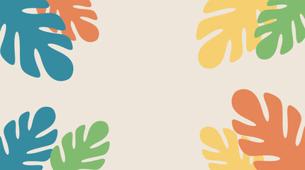 Obraz premium Tropical monstera leaf frame background, colorful flat design with vibrant foliage elements