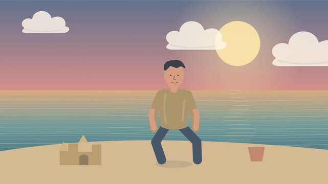 Enfant jouant avec un seau et construisant un ch&acirc;teau de sable sur une plage
