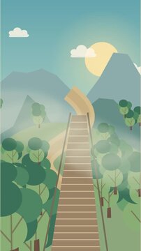 Passerelle en bois traversant des terrasses de th&eacute; brumeuses au lever du soleil