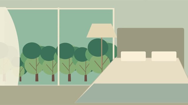 Chambre luxueuse avec portes vitr&eacute;es ouvertes, rideaux blancs et vue sur jardin