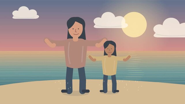M&egrave;re et fille jouant dans les vagues peu profondes au coucher du soleil