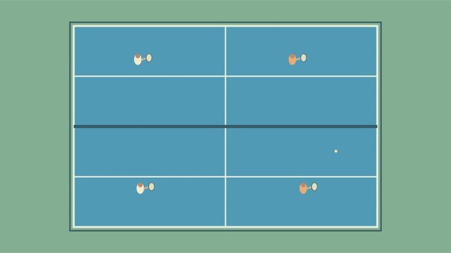 Terrain de padel bleu vu du dessus avec quatre joueurs et balle en mouvement