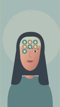 Portrait conceptuel avec engrenages m&eacute;caniques anim&eacute;s &agrave; l&rsquo;int&eacute;rieur de la t&ecirc;te