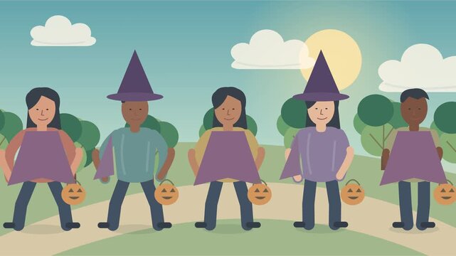 Enfants de diverses origines en costumes d&rsquo;Halloween avec citrouilles dans un parc