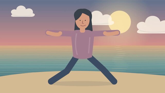 Femme pratiquant la posture du guerrier en yoga sur une plage paisible