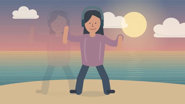 Femme courant avec des &eacute;couteurs sur une plage au coucher du soleil en double exposition