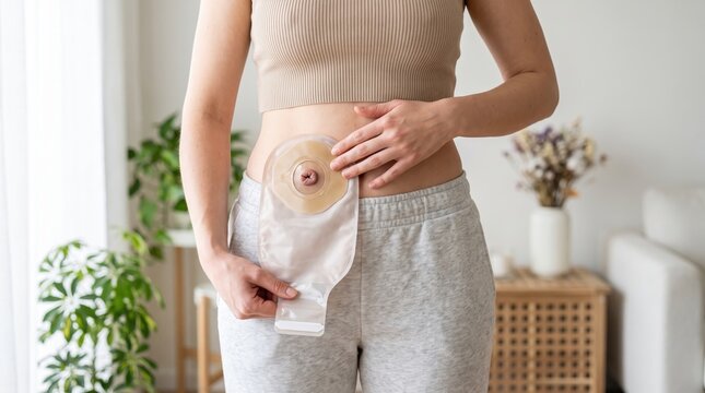Close up view of a female patient managing her colostomy bag and stoma appliance at home.