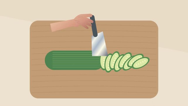 Mains d&eacute;coupant un concombre vert sur une planche &agrave; d&eacute;couper en bois