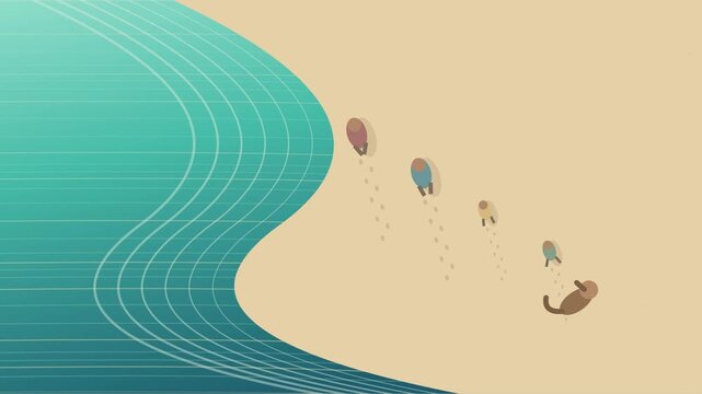 Famille et chien marchant le long d&rsquo;une plage tropicale vue du ciel