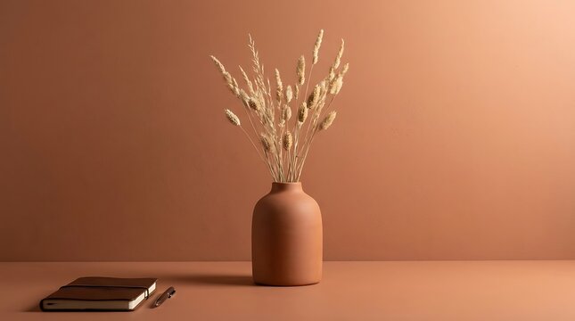 Dried ornamental grass stalks placed inside minimalist ceramic vase near leather diary on smooth tabletop surface