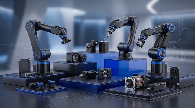 Three industrial robotic arm manipulators displayed with various electric motors, servo actuators, and electronic sensors on blue tiered platforms in a laboratory setting.