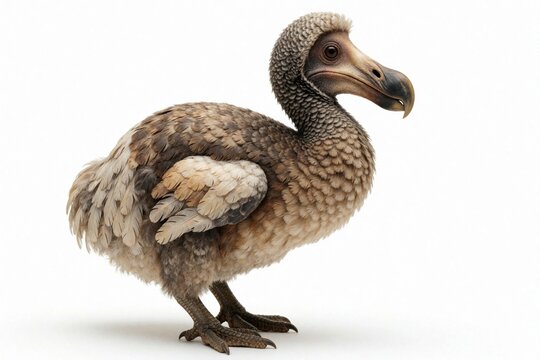 Stuffed dodo bird specimen sits on white backdrop. This extinct creature showcases detailed feathers, beak, and avian form. It represents natural history and preservation.