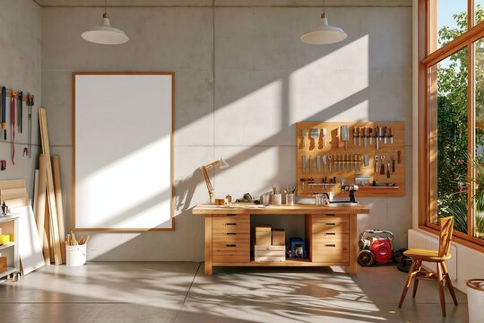 Wooden workbench with tools and blank poster in sunlit workshop