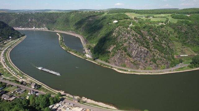 The striking slate rock Loreley near Sankt Goarshausen and the Rhine from the air, world heritage Upper Middle Rhine Valley, Rhineland-Palatinate, Germany