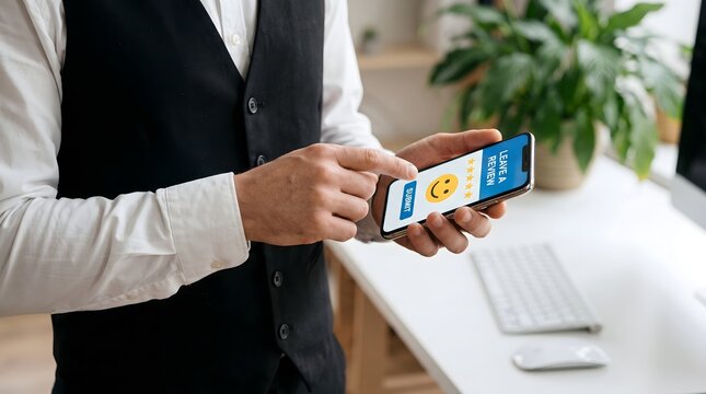 A business professional is utilizing a modern mobile device for contactless payment processing at a reception desk enhancing efficiency and convenience