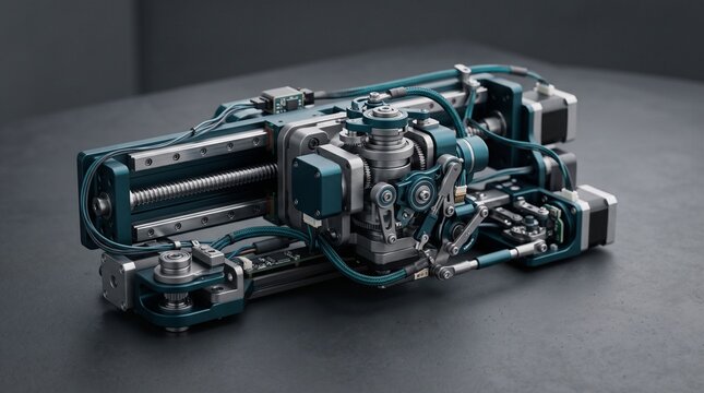 Precision industrial robotic assembly featuring linear rails, lead screws, teal anodized metal components, and integrated stepper motors for advanced automation and mechanical engineering.