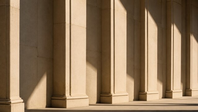 Sunlit stone colonnade with repeating classical columns casting strong diagonal shadows