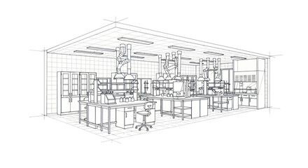 Fototapeta premium Industrial Sketch of a Modern Well Equipped Chemistry Laboratory with Fume Hoods Workbenches and Robotic Arms