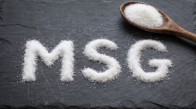 Monosodium glutamate crystals spelled out as MSG on a dark slate background with a wooden spoon.