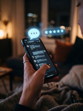 Person Holding Smartphone Displaying Glowing Speech Bubble and Five Star Rating Icons for Customer Review