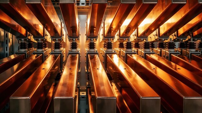 Heavy copper electrical busbar assembly inside high voltage power distribution cabinet. Polished rectangular conductor bars sit on ceramic insulator standoffs. Warm light hits metal components in