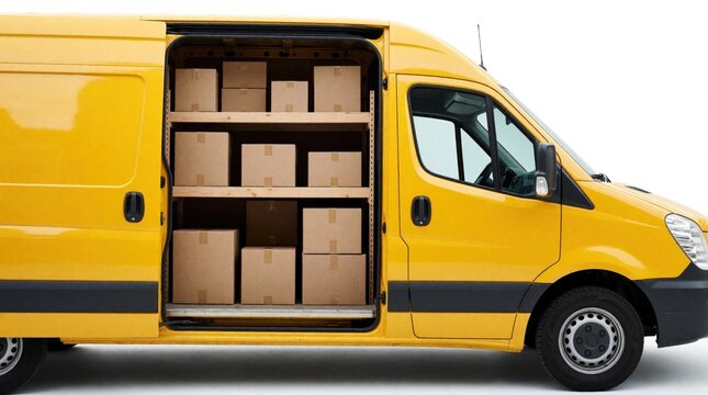 Yellow cargo van loaded with brown boxes. Truck side view shows delivery packages stacked on shelves inside an open sliding door. Vehicle ready for transport logistics.