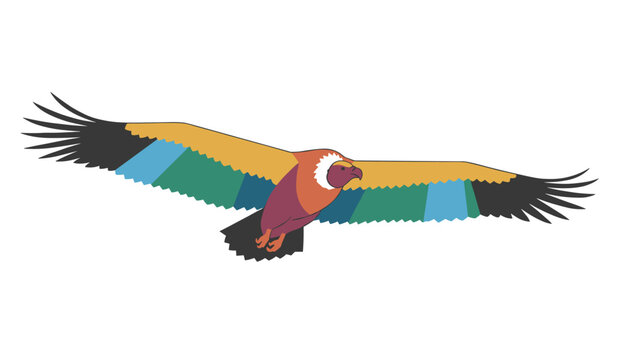 Colorful condor or vulture bird in flight with beautiful wings rendered in shades of blue, green, and gold.