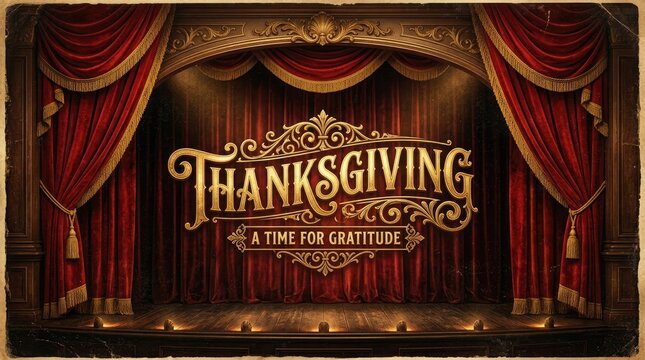 Elegant thanksgiving stage backdrop with ornate lettering and rich red curtains