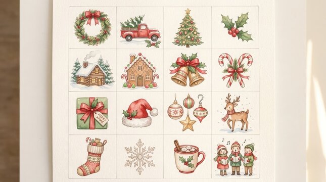 Collection of vintage christmas cards and holiday illustrations on a white wall