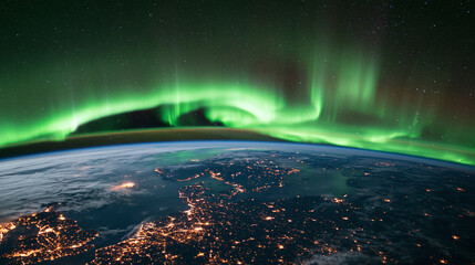 The bright green aurora borealis shines above the glowing city lights of planet Earth as seen from space during the dark night © AS_SleepingPanda
