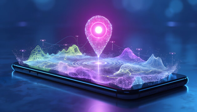 Futuristic holographic map navigation on mobile phone display. Modern gps tracking and landscape mapping interface. Glowing topographic pin floating on smartphone screen