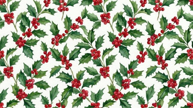 Watercolor holly berries and leaves seamless pattern for festive winter backgrounds